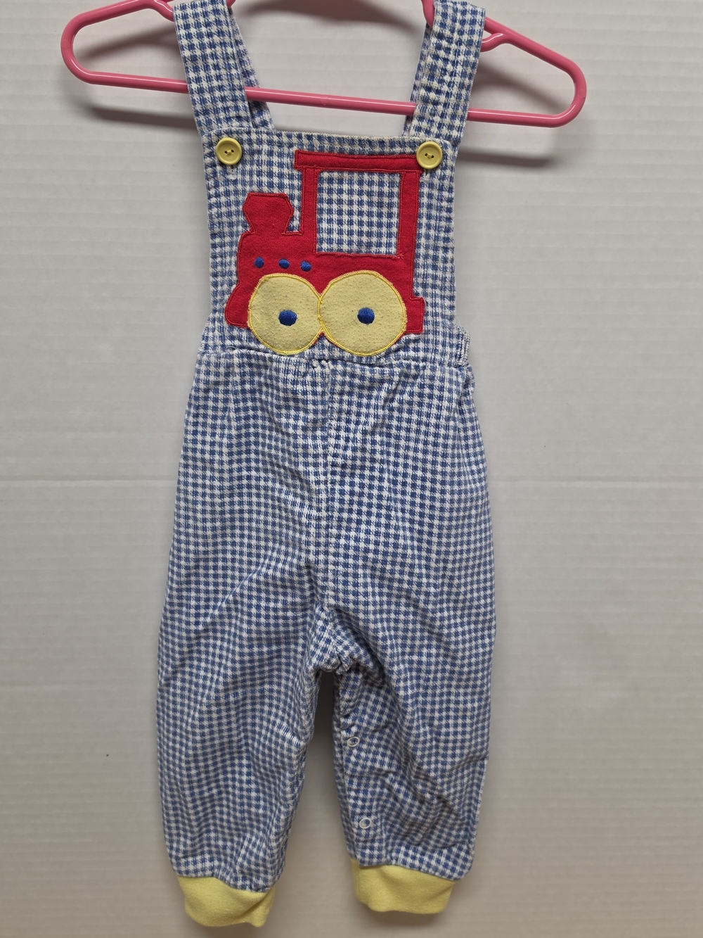 Vintage Tiny Tots Baby Overalls 18 Months Blue Gingham Seersucker Train Romper